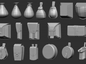 35 Low poly bags backpacks and pouches base mesh IMM brush set for Zbrush FBX and OBJ files 3D-Modell