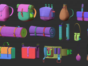 35 Low poly bags backpacks and pouches base mesh IMM brush set for Zbrush FBX and OBJ files 3D-Modell