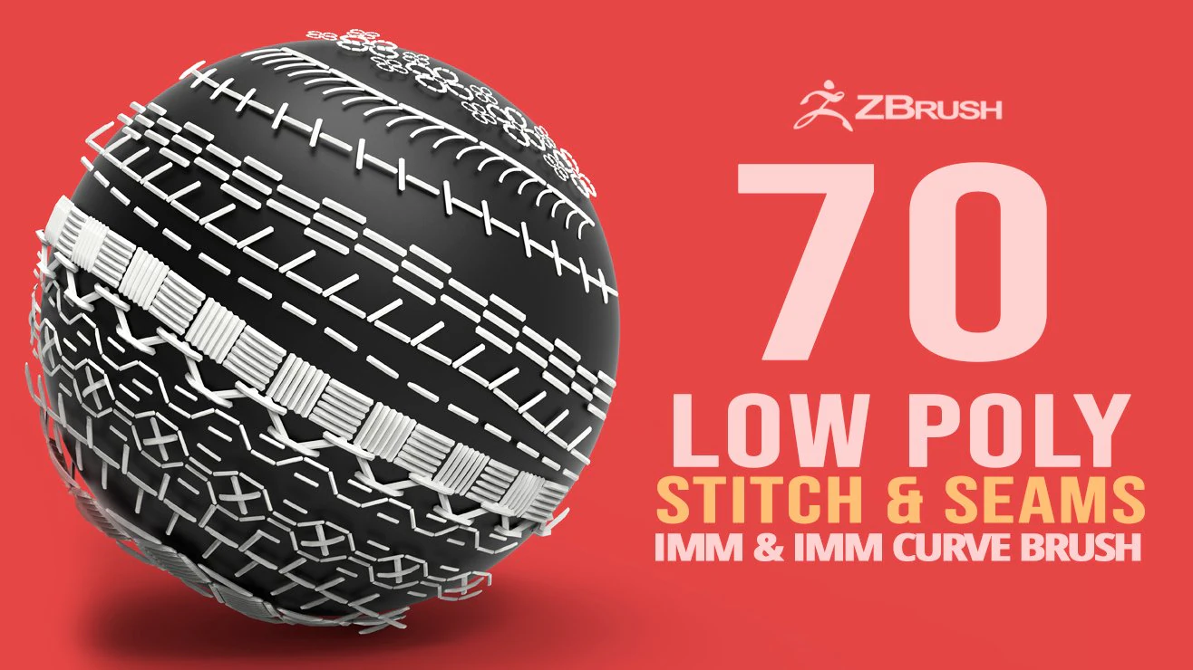 70 Low poly stitch sewing seams ornament IMM and IMM curve brushes for Zbrush 3D Model .c4d .max .obj .3ds .fbx .stl .blend