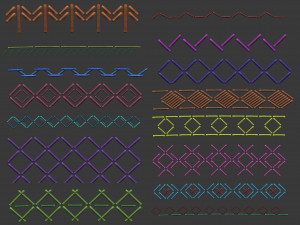 70 Low poly stitch sewing seams ornament IMM and IMM curve brushes for Zbrush Modèle 3D