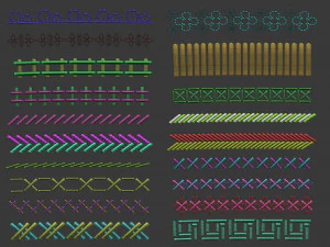 70 Low poly stitch sewing seams ornament IMM and IMM curve brushes for Zbrush 3D Model