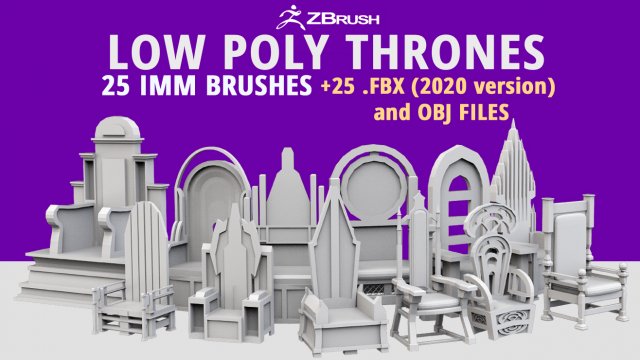 25 low poly royal thrones chairs furniture IMM brush for Zbrush fbx and obj files 3D Model .c4d .max .obj .3ds .fbx .stl .blend 