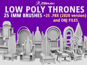 25 low poly royal thrones chairs furniture IMM brush for Zbrush fbx and obj files 3D Model