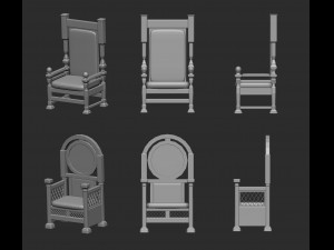 25 low poly royal thrones chairs furniture IMM brush for Zbrush fbx and obj files 3D Model