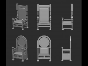 25 Low-Poly-Royal-Thrones-St&uuml;hle, M&ouml;bel, IMM-Pinsel f&uuml;r Zbrush, FBX- und OBJ-Dateien 3D Modell