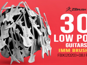 30 electric metal rock guitar music instrument shapes IMM brush set Zbrush obj and fbx files 3D Model