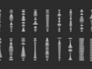 55 Low poly wood carved chair and table parts pillar base mesh shapes IMM brush set for Zbrush 3D Model