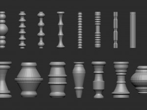55 Low poly wood carved chair and table parts pillar base mesh shapes IMM brush set for Zbrush 3D Model