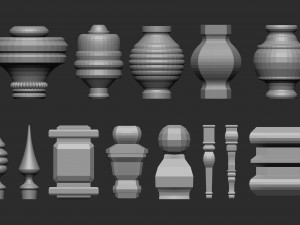55 Low poly wood carved chair and table parts pillar base mesh shapes IMM brush set for Zbrush 3D Model