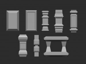 55 Low poly wood carved chair and table parts pillar base mesh shapes IMM brush set for Zbrush 3D Model