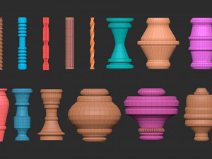 55 Low poly wood carved chair and table parts pillar base mesh shapes IMM brush set for Zbrush 3D Model