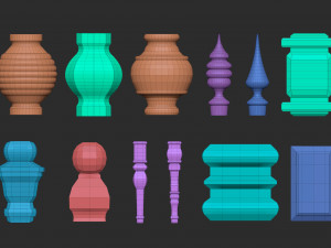 55 Low poly wood carved chair and table parts pillar base mesh shapes IMM brush set for Zbrush 3D Model