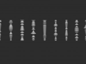 55 Low poly wood carved chair and table parts pillar base mesh shapes IMM brush set for Zbrush 3D Model