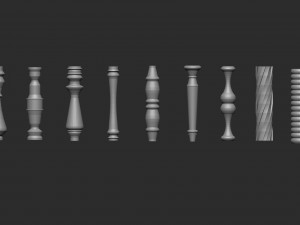 55 Low poly wood carved chair and table parts pillar base mesh shapes IMM brush set for Zbrush 3D Model