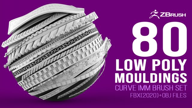 80 low poly carved mouldings shapes IMM curve IMM brush set for Zbrush fbx and obj files 3D-Modell .c4d .max .obj .3ds .fbx .stl .blend 