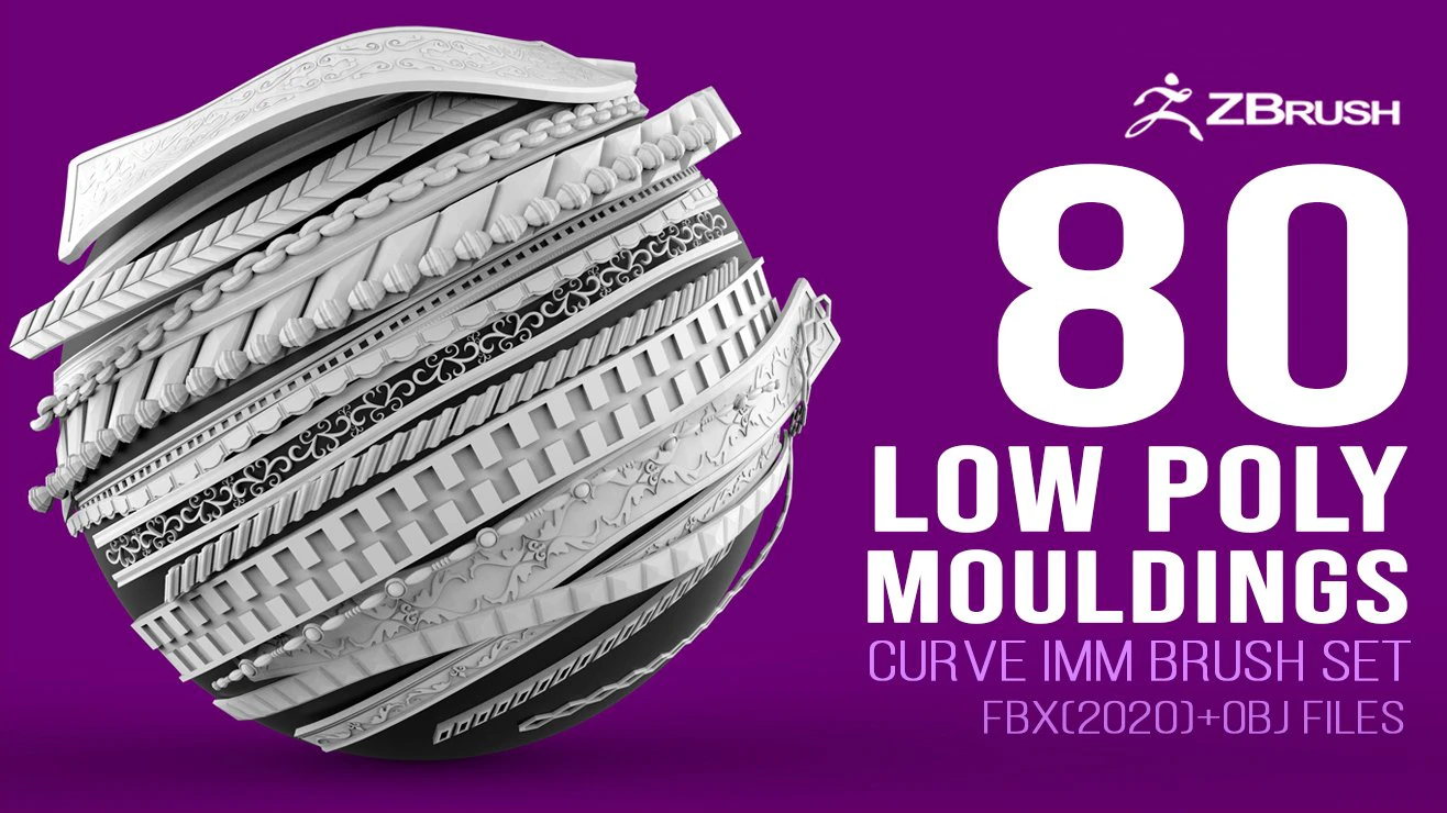 Set di 80 modanature intagliate in poli basso con curva IMM Set di pennelli IMM per file Zbrush fbx e obj Modello 3D .c4d .max .obj .3ds .fbx .stl .blend 