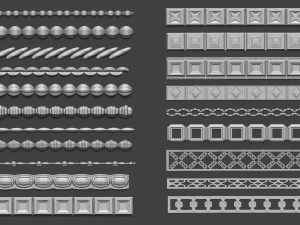 Set di 80 modanature intagliate in poli basso con curva IMM Set di pennelli IMM per file Zbrush fbx e obj Modello 3D