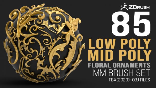 85 low poly mid poly carved baroque floral ornament decals and railheads shapes IMM brush set Modelo 3D .c4d .max .obj .3ds .fbx .stl .blend 