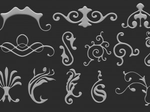 85 low poly mid poly carved baroque floral ornament decals and railheads shapes IMM brush set Modelo 3D