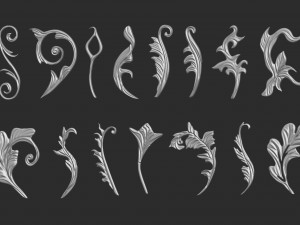 85 low poly mid poly carved baroque floral ornament decals and railheads shapes IMM brush set Modelo 3D