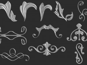 85 low poly mid poly carved baroque floral ornament decals and railheads shapes IMM brush set Modelo 3D