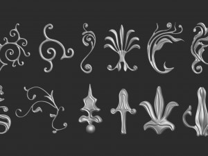 85 low poly mid poly carved baroque floral ornament decals and railheads shapes IMM brush set Modelo 3D