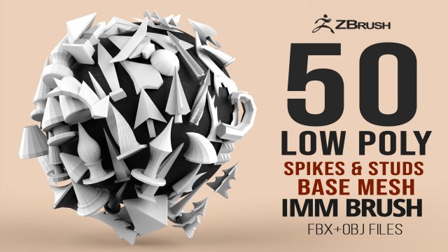 50 low poly studs and spikes base mesh shapes IMM brush set for Zbrush fbx and obj files 3D 模型 .c4d .max .obj .3ds .fbx .stl .blend 