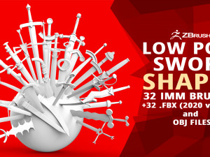 30 Low-poly medieval fantasy sword melee weapon base mesh shapes IMM and 2 sheath shapes Zbrush set 3D Model