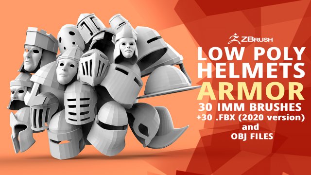 30 Low-poly medieval fantasy armor helmets base mesh shapes IMM zbrush set and fbx obj files 3D Model .c4d .max .obj .3ds .fbx .stl .blend 