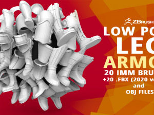 20 Low-poly medieval fantasy leg knee and feet armor base mesh IMM brush set for Zbrush FBX OBJ Model 3D