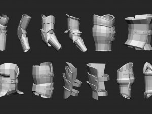 55 Low-poly medieval fantasy arm and hands armor bracers base mesh IMM brush set for Zbrush FBX and Modelo 3D