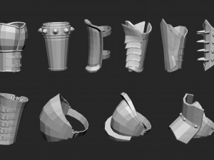 55 Low-poly medieval fantasy arm and hands armor bracers base mesh IMM brush set for Zbrush FBX and Modelo 3D