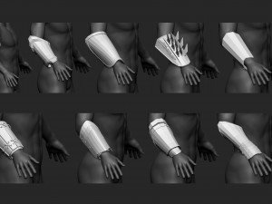 55 Low-poly medieval fantasy arm and hands armor bracers base mesh IMM brush set for Zbrush FBX and Modelo 3D