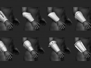 55 Low-poly medieval fantasy arm and hands armor bracers base mesh IMM brush set for Zbrush FBX and Modelo 3D
