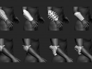 55 Low-poly medieval fantasy arm and hands armor bracers base mesh IMM brush set for Zbrush FBX and Modelo 3D