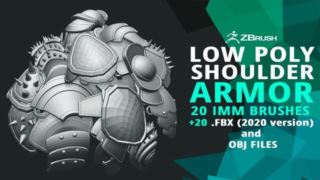 20 Low-poly medieval fantasy shoulder armor base mesh IMM brush set for Zbrush FBX and OBJ files Modelo 3D .c4d .max .obj .3ds .fbx .stl .blend 