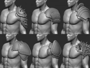 20 Low-poly medieval fantasy shoulder armor base mesh IMM brush set for Zbrush FBX and OBJ files 3D Model