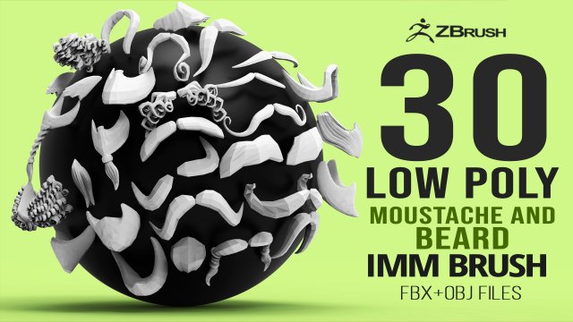 30 Low-poly moustache and beard base mesh IMM brush set for Zbrush FBX and OBJ files Modèle 3D .c4d .max .obj .3ds .fbx .stl .blend 
