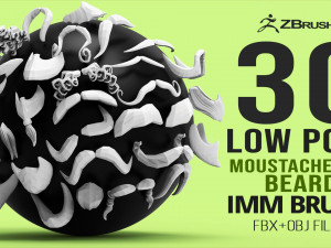 30 Low-poly moustache and beard base mesh IMM brush set for Zbrush FBX and OBJ files 3D Model