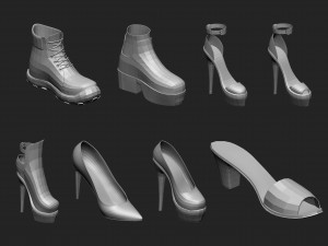 65 Low poly shoe footwear base mesh and parts IMM brush set for Zbrush Fbx and OBJ files 3D Model