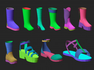 65 Low poly shoe footwear base mesh and parts IMM brush set for Zbrush Fbx and OBJ files 3D Model