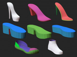 65 Low poly shoe footwear base mesh and parts IMM brush set for Zbrush Fbx and OBJ files 3D Model