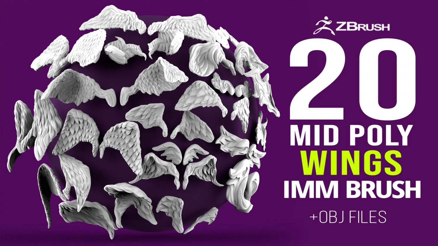 20 Mid poly statue and sculpture angel wings IMM brush set for Zbrush OBJ files 3D Model .c4d .max .obj .3ds .fbx .stl .blend 