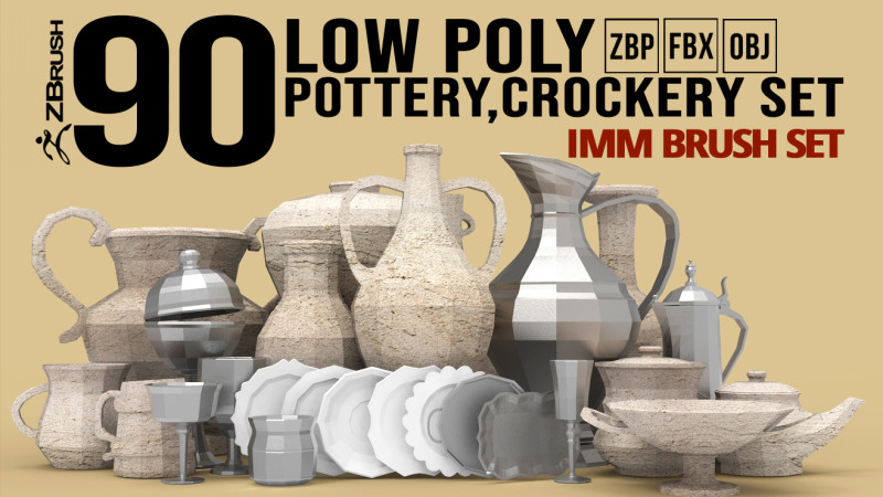 90 kitchen utensil crockery and pottery base mesh shapes imm Zbrush set obj and fbx files Modello 3D .c4d .max .obj .3ds .fbx .stl .blend 