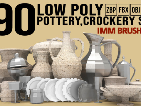 90 kitchen utensil crockery and pottery base mesh shapes imm Zbrush set obj and fbx files 3D मॉडल
