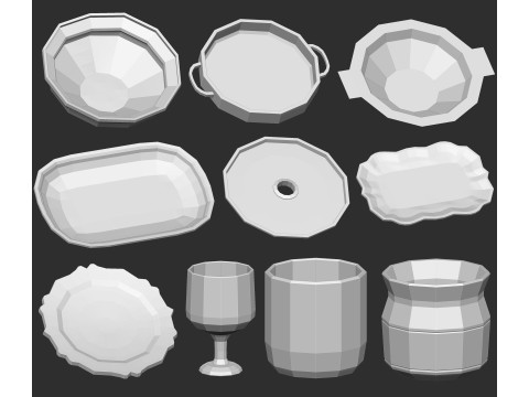 90 kitchen utensil crockery and pottery base mesh shapes imm Zbrush set obj and fbx files Modello 3D