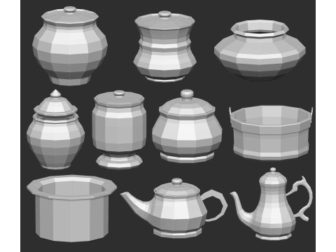 90 kitchen utensil crockery and pottery base mesh shapes imm Zbrush set obj and fbx files Modello 3D