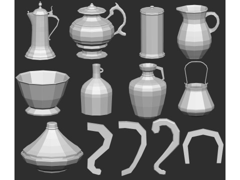 90 kitchen utensil crockery and pottery base mesh shapes imm Zbrush set obj and fbx files Modello 3D