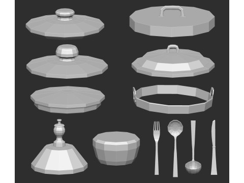 90 kitchen utensil crockery and pottery base mesh shapes imm Zbrush set obj and fbx files Modello 3D