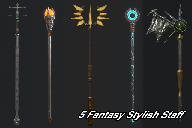 5 fantasy stylish staff - pbr - low poly 3D 模型 .c4d .max .obj .3ds .fbx .stl .blend 